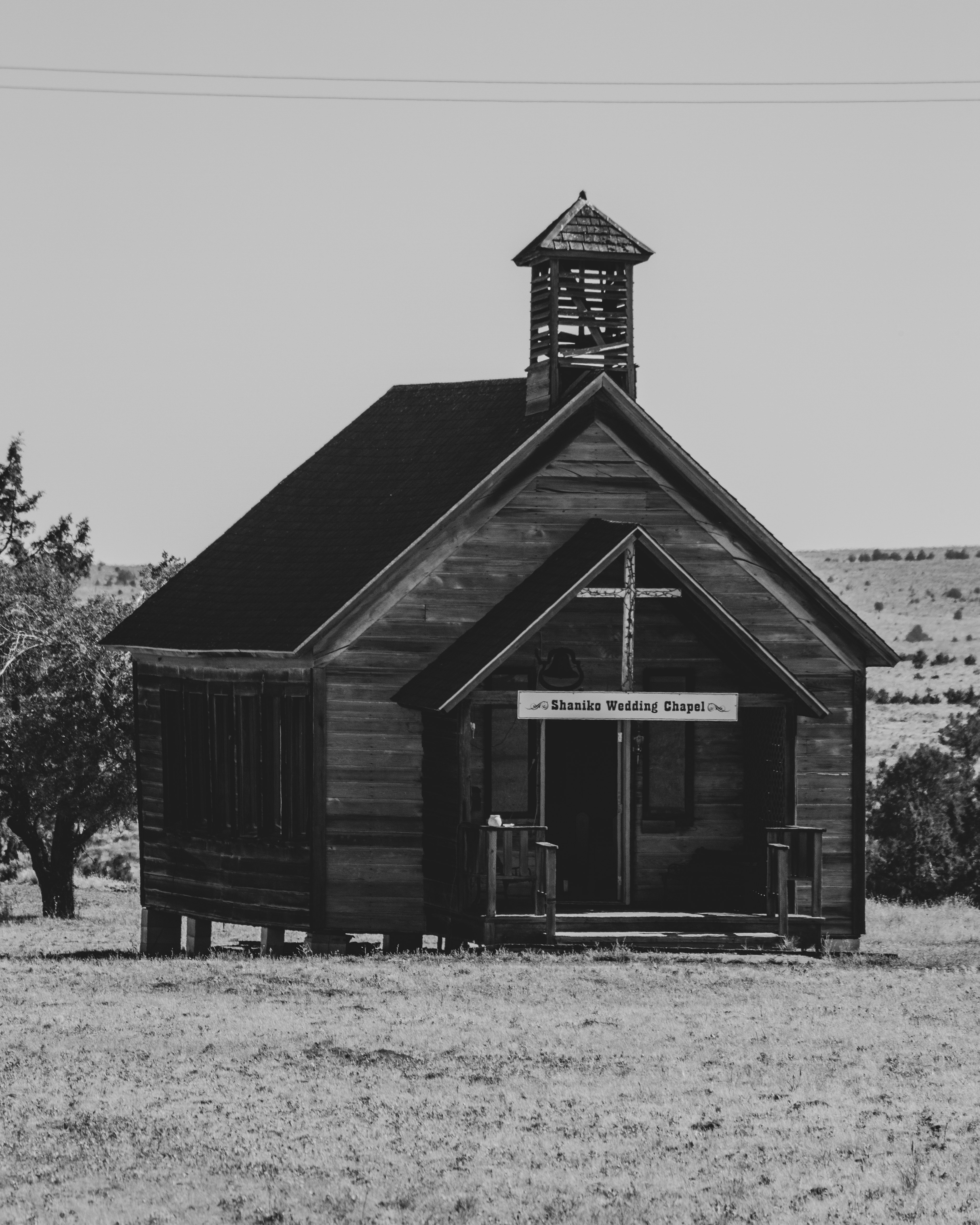 grayscale photo of wooden house near trees